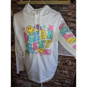 5/$25 Sz L Ocean City MD Lightweight Top W/Hoodie Mushrooms Funky Beach Coverup